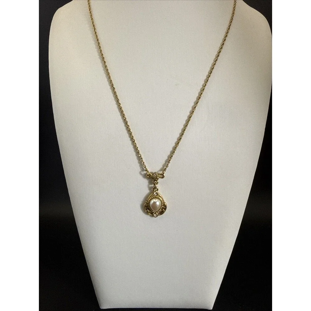 1928 Jewelry Faux Pearl Teardrop Gold Tone Rhinestone Accent Pendant Necklace